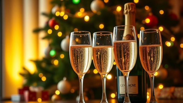 December Health Breakthroughs with festive champagne and Christmas tree.