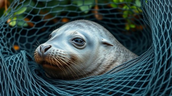 Young grey seal rescue in netting outdoors, natural setting