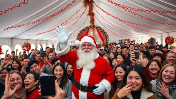 Santa Claus at Mission Australia's Christmas Lunch event greeting crowd.