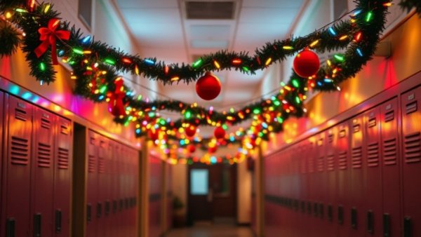 Festively decorated school corridor full of lights and garlands, School Custodian Holiday Tradition.