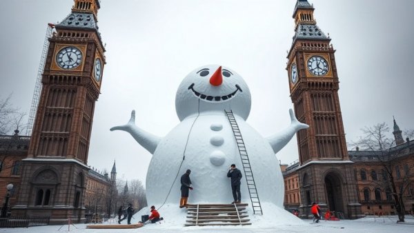 Giant snowman between clock towers highlights positive news.