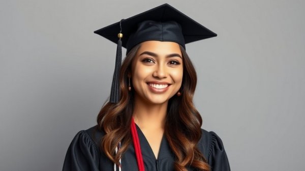 Graduate woman smiling confidently in academic gown, symbolizing support and resilience.