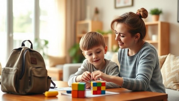 Mother guiding child in parent-led autism therapy at home.