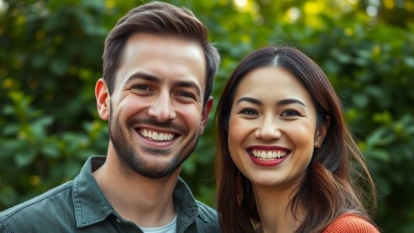 Smiling couple outdoors surrounded by lush greenery, highlighting 100% ingredient transparency in baby care.