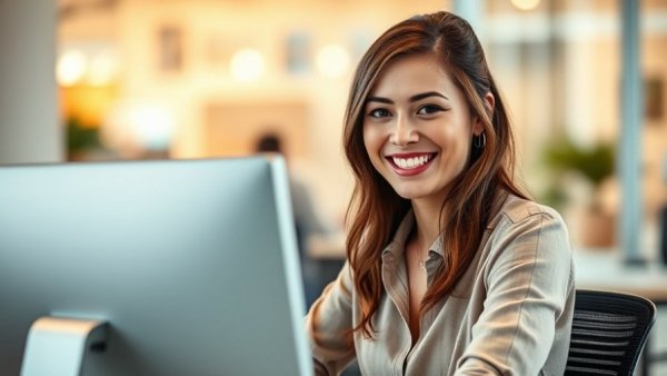 Cheerful woman working on computer in office, rewilding and innovative solutions.