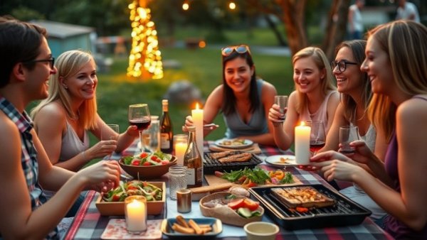 Friends at outdoor picnic discussing climate impact of food choices.
