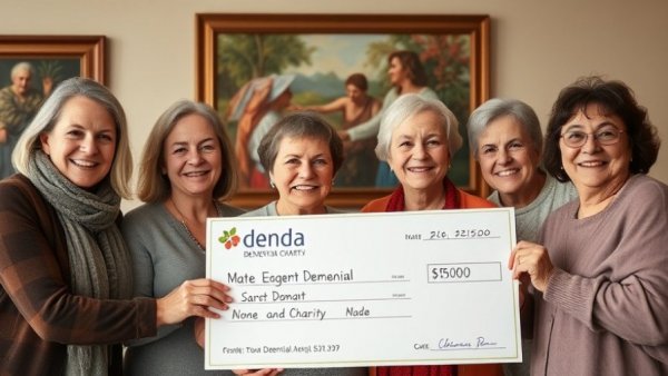Group smiling with donation check for dementia charity indoors.