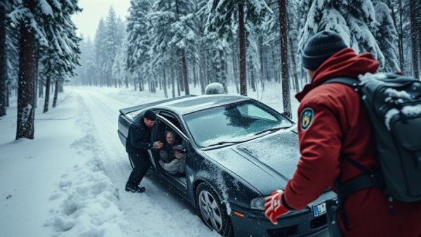 Good Samaritan saves family from overturned car in snowy forest rescue.