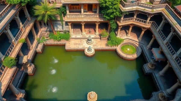 Restored historic stepwell with fountains and greenery, aerial view.
