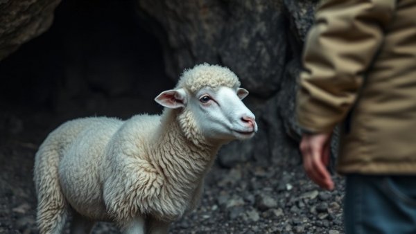 Britain's Loneliest Sheep in a rocky cave with a person approaching.