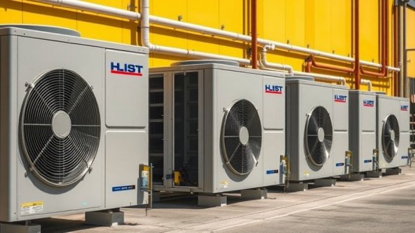 External HVAC units against yellow wall in industrial setting