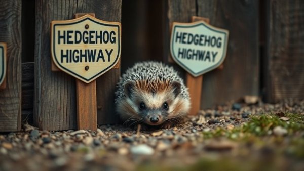 Hedgehog exploring through wooden fence labeled 'Hedgehog Highway'. Year in Cheer 2025.