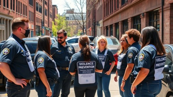 Community team working to reduce gun violence by 2040, urban setting.