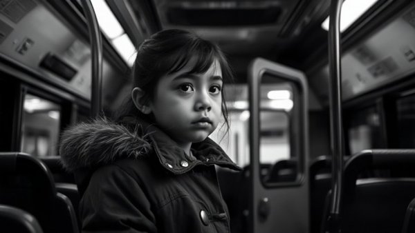 Young girl in bus looking concerned, monochrome security footage.