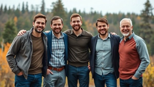 Group of men standing outdoors in casual clothing, expressing camaraderie.