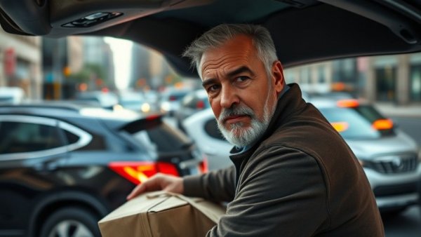 NYC doorman helping with supplies, city street background.