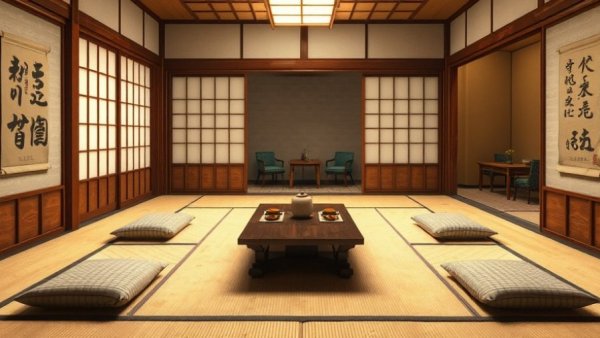 Traditional Japanese room with tatami mats, serene ambiance.