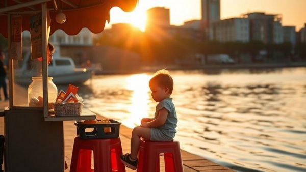 Child engaging in experiential learning selling snacks by a lakeside.