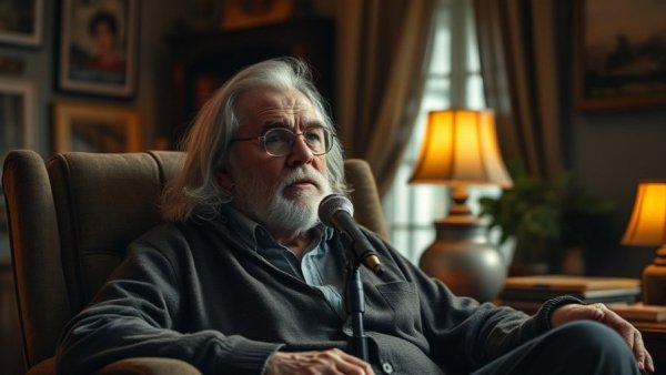 Elderly man comfortably giving a talk in dimly lit vintage room.