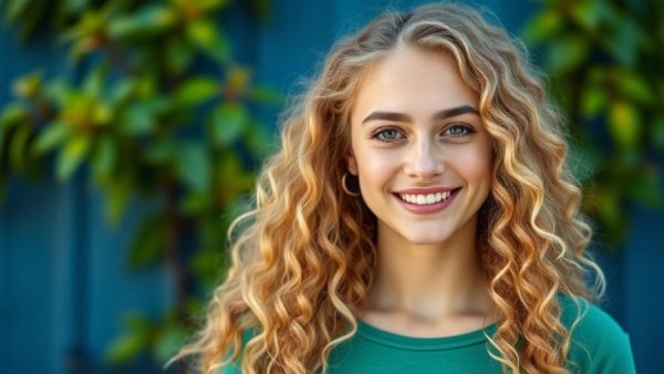 Young woman smiling in green top with blurred blue background.