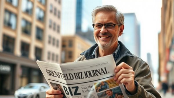 Smiling man holds Springfield Biz Journal, symbolizing new ownership.