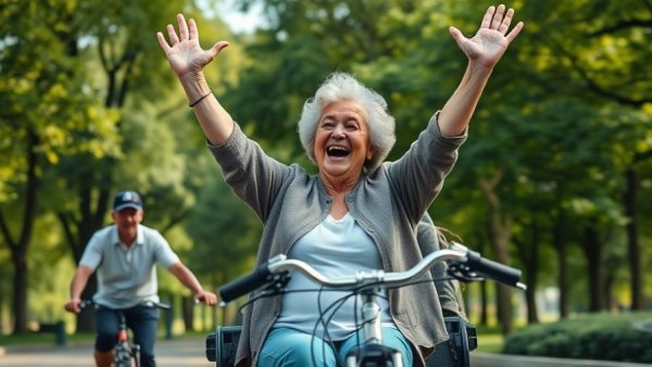 Joyful ride in a trishaw bike in lush park, Cycling Without Age.