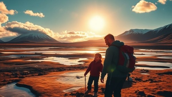 Happy hikers explore stunning Icelandic landscape under warm sunlight.