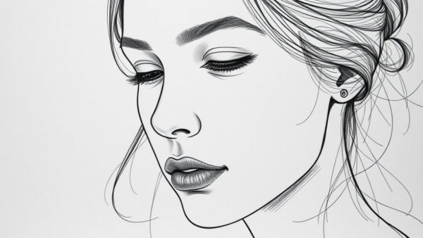 Intricate line art portrait of a serene woman, sketching.