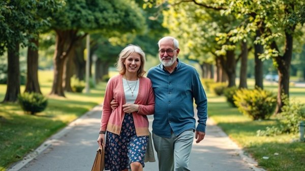 Elderly man and young girl walking in park, reconnecting with life in 2026.