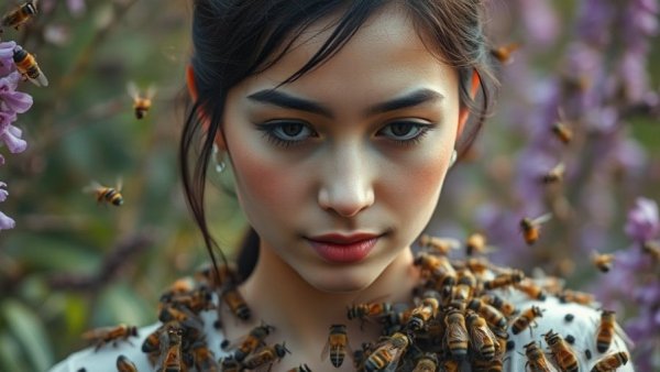 Serene woman among stingless bees in nature, emphasizing coexistence.