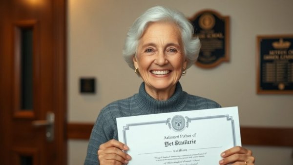 Elderly woman holding certificate for longest career as a teacher, smiling.