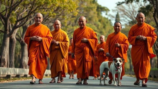 Buddhist monks peace walk with a dog on a rural road.