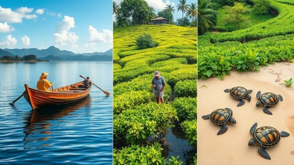 Captivating images of travel experiences in India, featuring a boat, tea picking, and turtles.