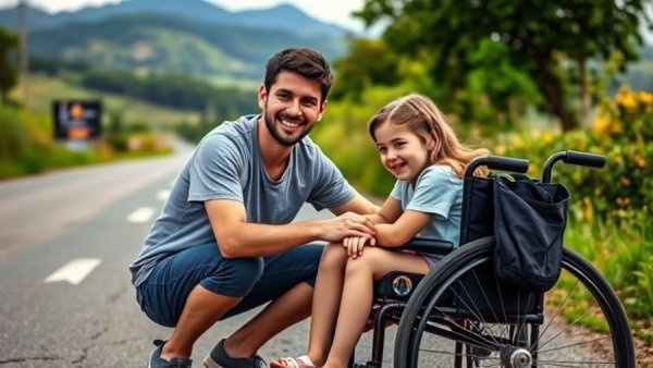 Young carer and girl in wheelchair on rural road, success story.