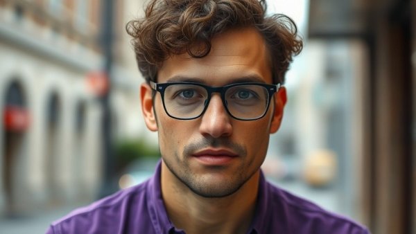 Portrait of a man with curly hair and glasses, wearing a purple shirt.