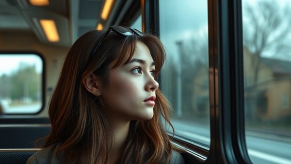 Contemplative young woman on bus, thinking about habits to break for better mental health.