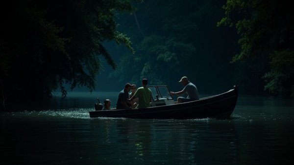 Heroic river rescue at night with a boat saving people.