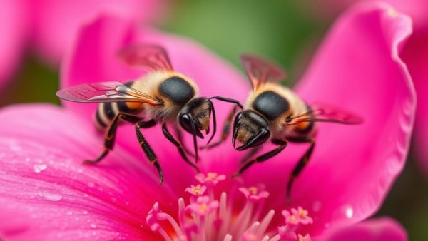 Stingless bees pollinating on vivid pink flowers.