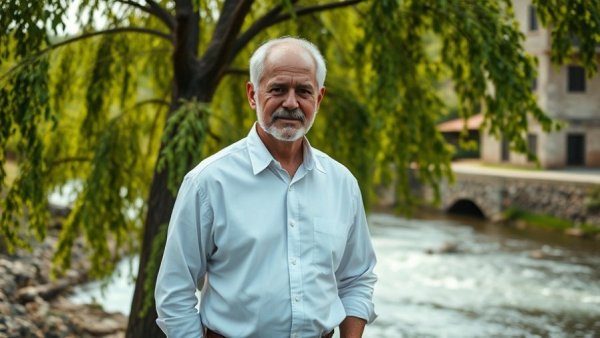 Reviving the Purna River: Man standing by tree and river landscape.