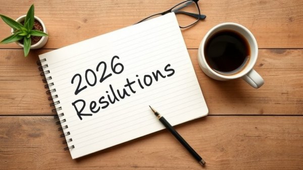 Notebook with 2026 resolutions, coffee, and plant on a wooden table.