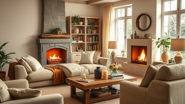 Mindful home setup with beige sofa and fireplace for mental wellness.