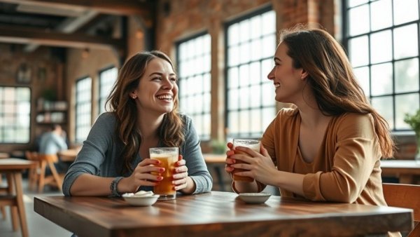 Friendship Hour with two women enjoying coffee in a cozy cafe.