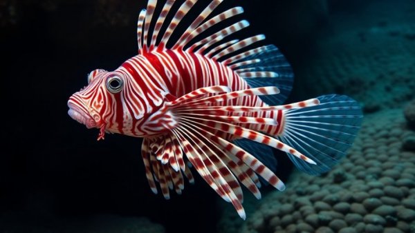 Vibrant lionfish swimming underwater, showcasing ecological threat.