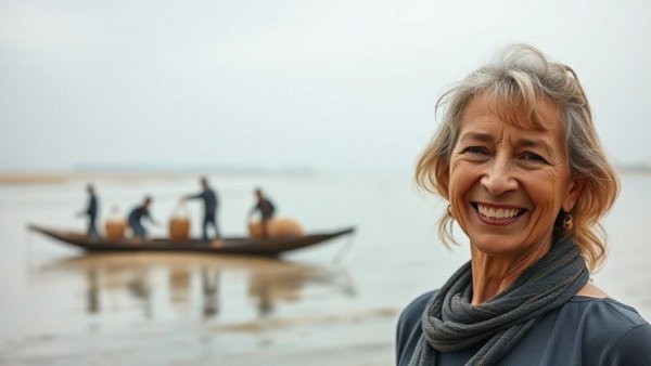 Illegal sand mining on river with men carrying sand baskets.