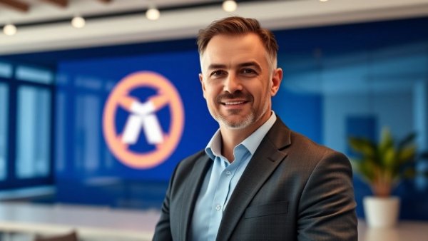 Confident businessman at a corporate event, elegant blue background.