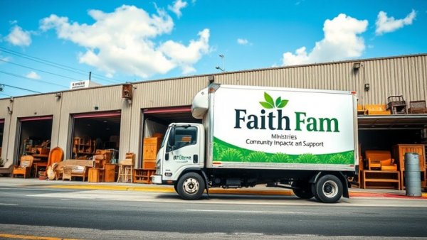 Faith Farm Ministries truck parked by furniture-filled warehouse.