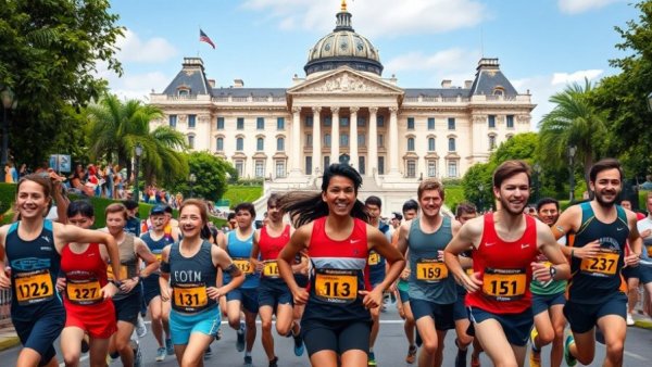 Runners at British Transplant Games in front of historical building.
