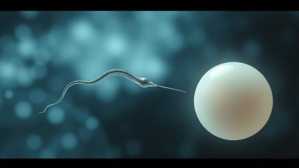 Artistic image of sperm approaching egg with award emblem, hormone-free male birth control pill.