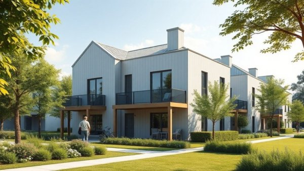 3D-printed Danish neighborhood with modern houses and lush gardens.