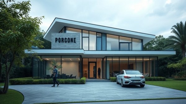 Modern polycarbonate home with parked car and greenery.
